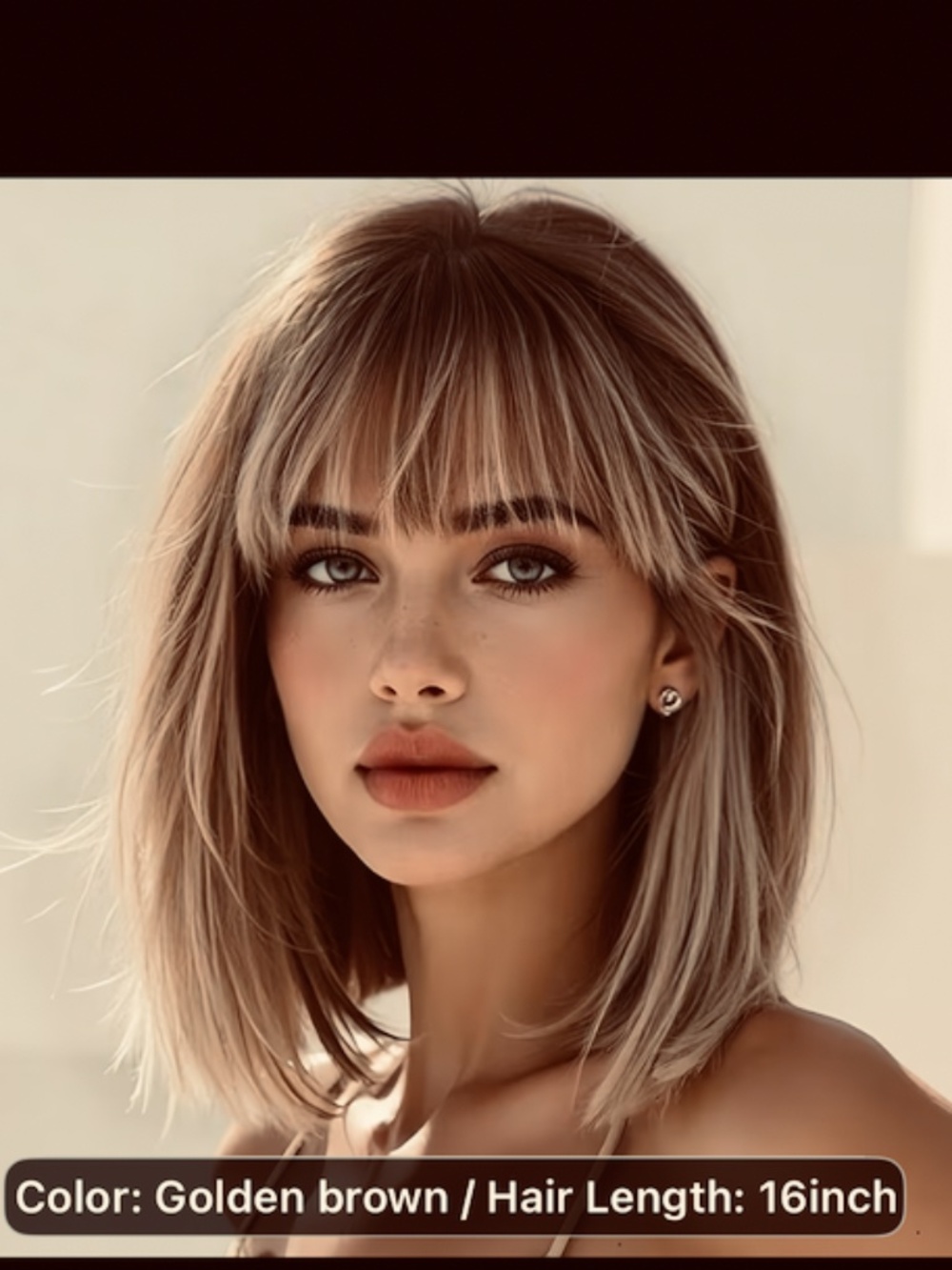 14” Brown Blonde Highlights Straight Bangs Wig - Heat-Resistant .